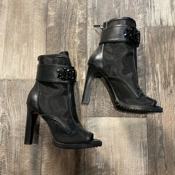 Karl Lagerfeld Black Peep-Toe Heeled Boots Size 5.5 - Picture 4 of 11